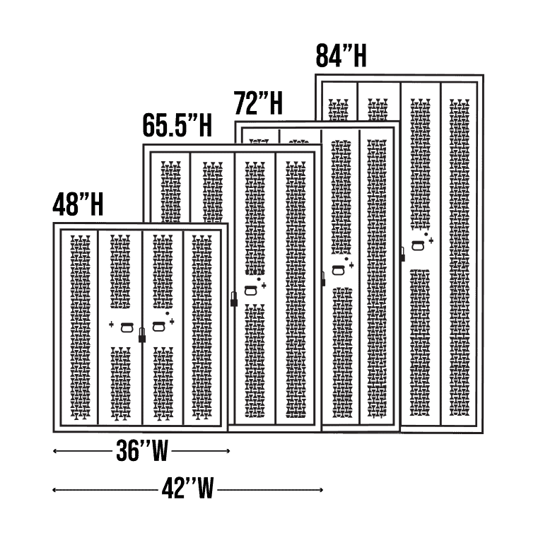 Bi-fold weapon racks are either 36" or 42" wide and either 48", 65.5", 72" or 84" tall