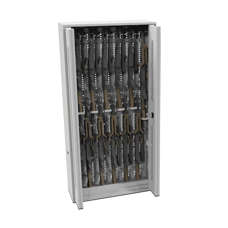 Bi-fold weapon rack outfitted for machine gun storage