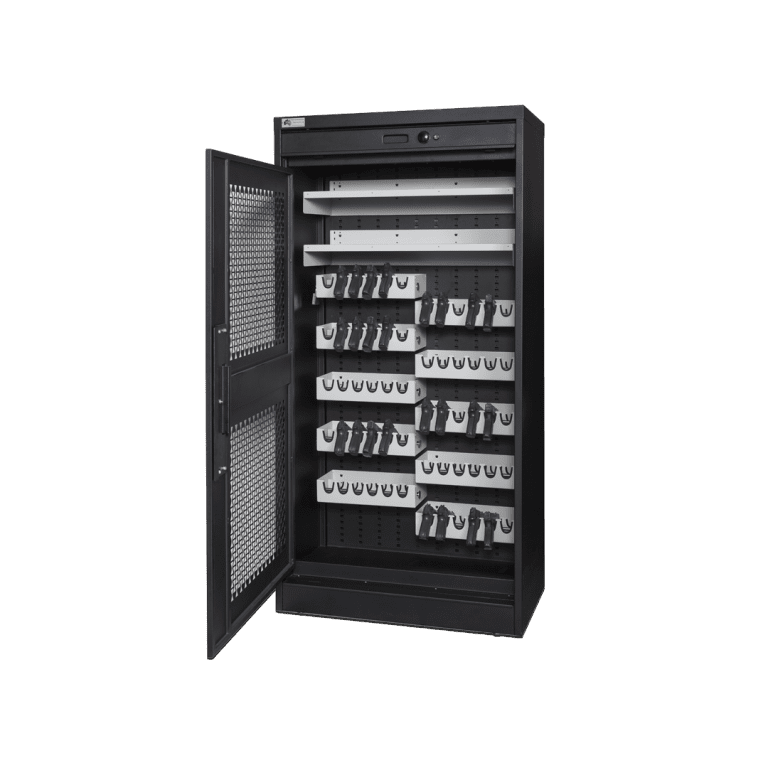 Weapon storage cabinet outfitted for pistol with tambour door