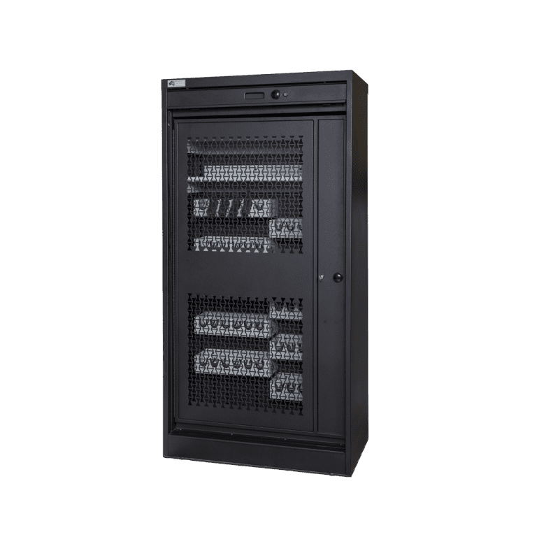 Weapon storage cabinet outfitted for pistol with tambour door