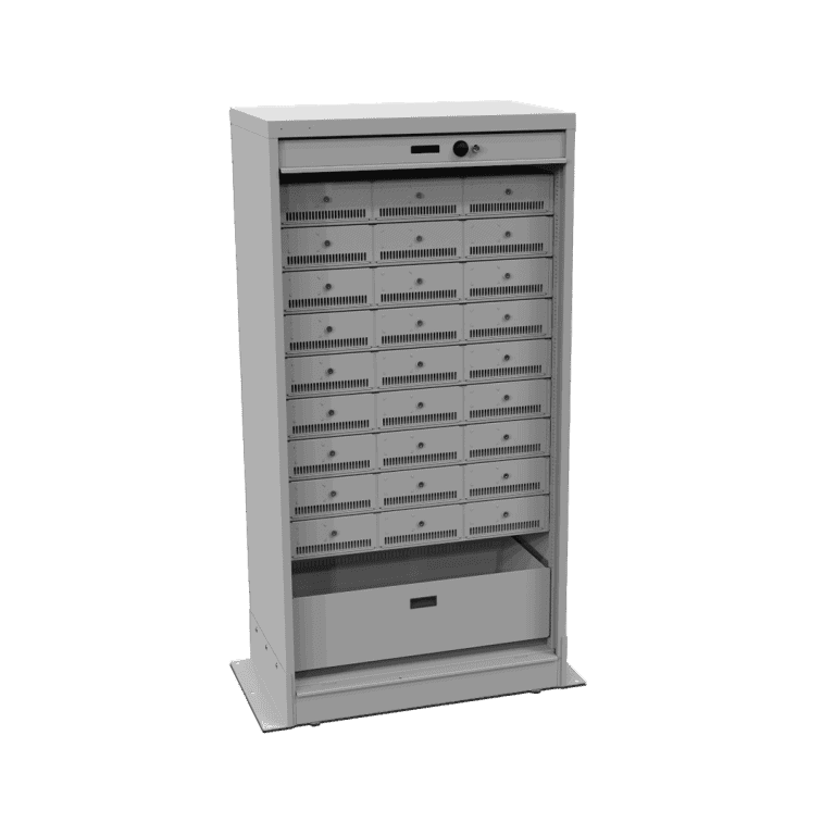 Pistol locker with tanmbour door featuring roll-out mag drawer