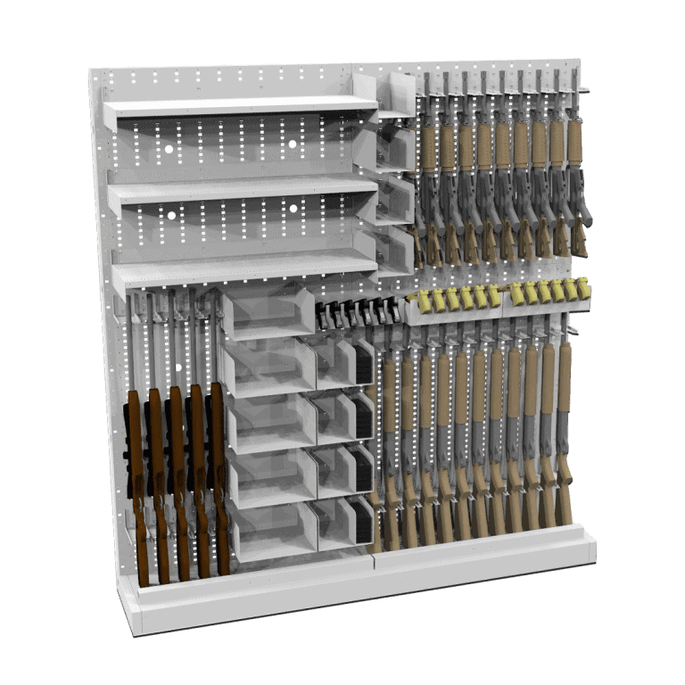 Expandable weapon rack outfitted for rifles, pistols and tasers featuring different shelves