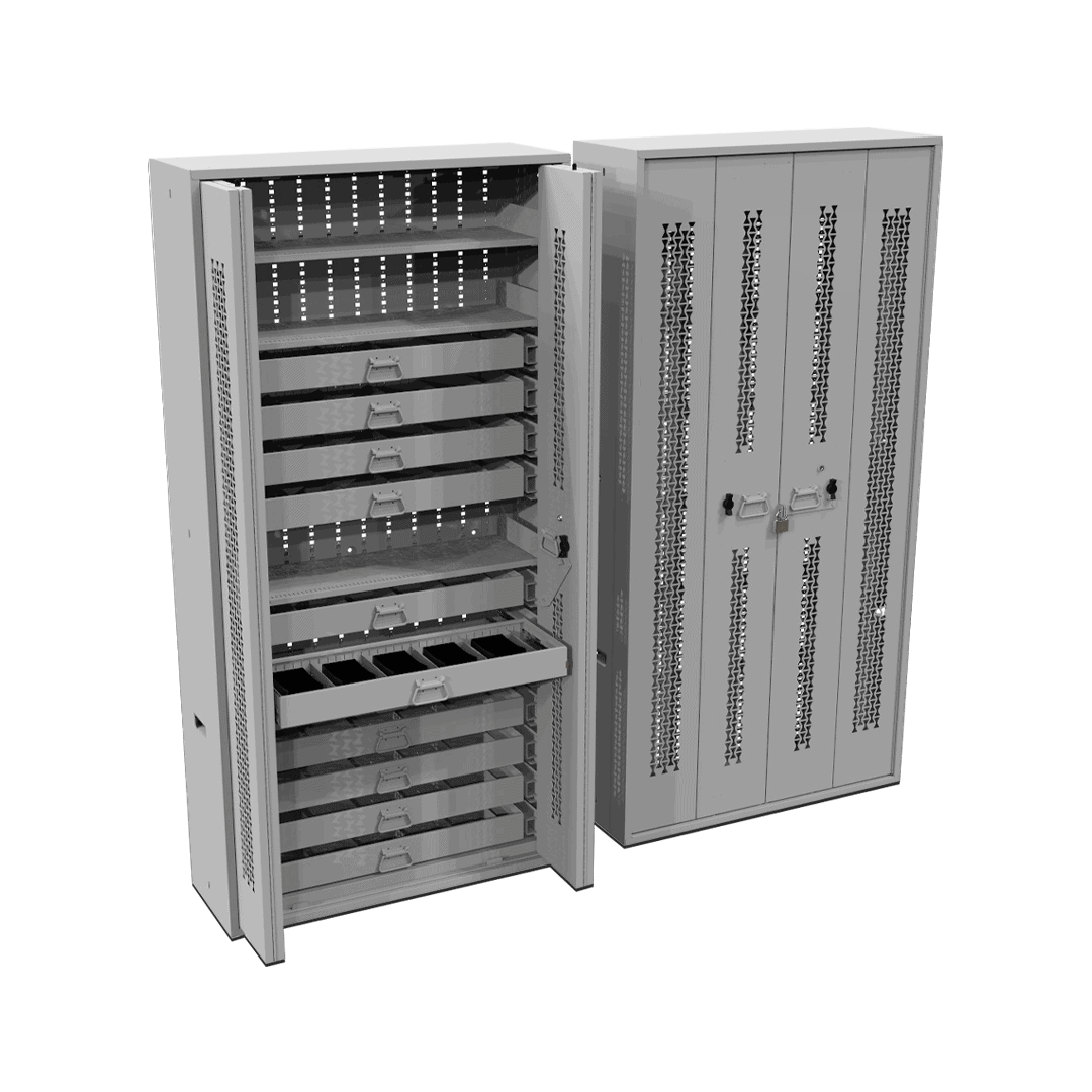 Bi-fold weapon storage outfitted for mag and bolt storage featuring roll-out tray for mags