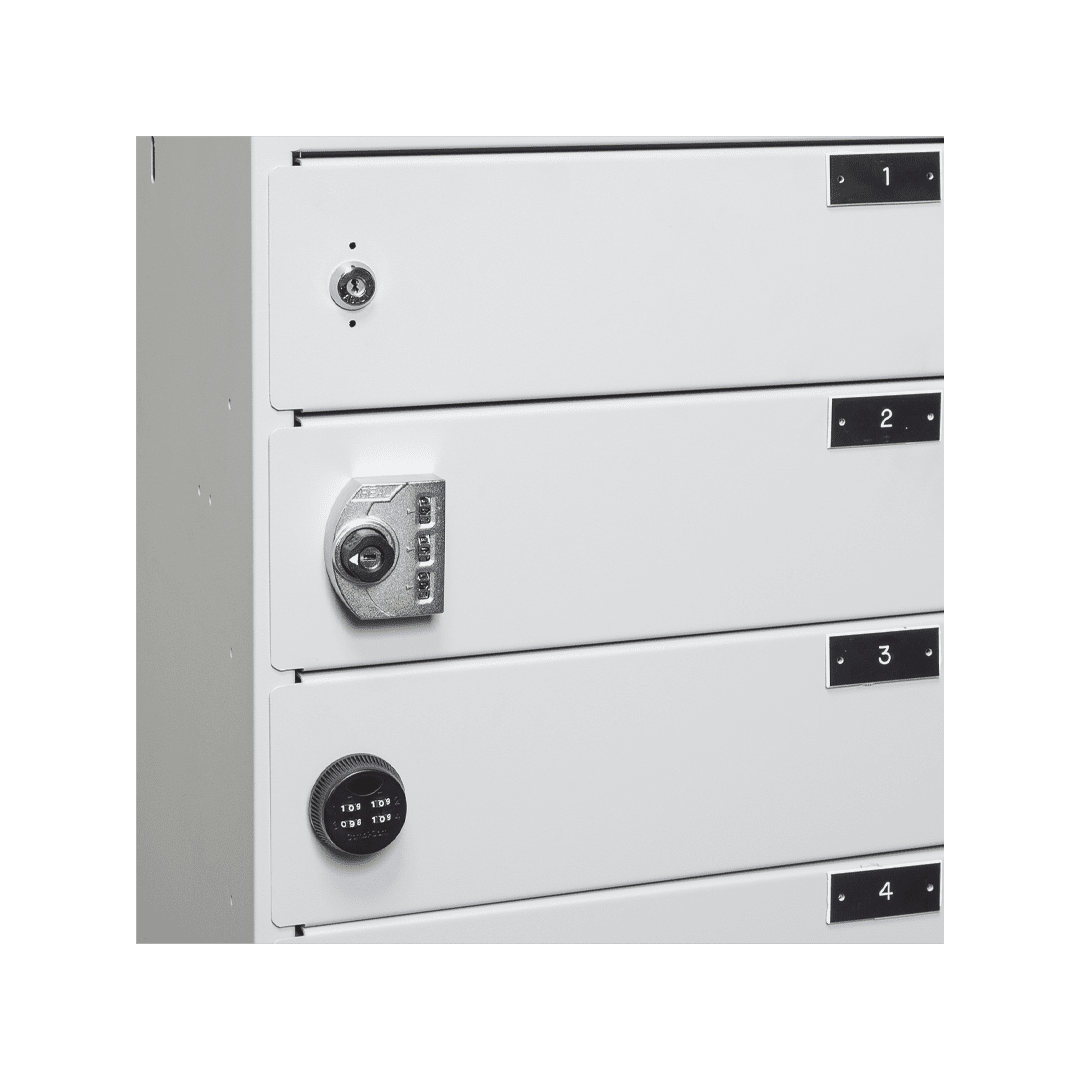 7-compartment device storage with keyed lock and combo locks available