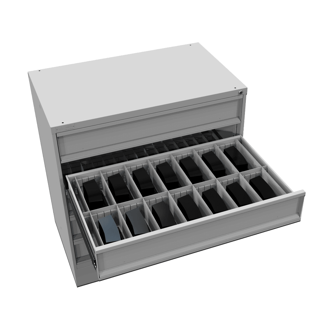 Weapon Cabinet storage with 5 sets of roll-out mag storage outfitted for 14 mags in one