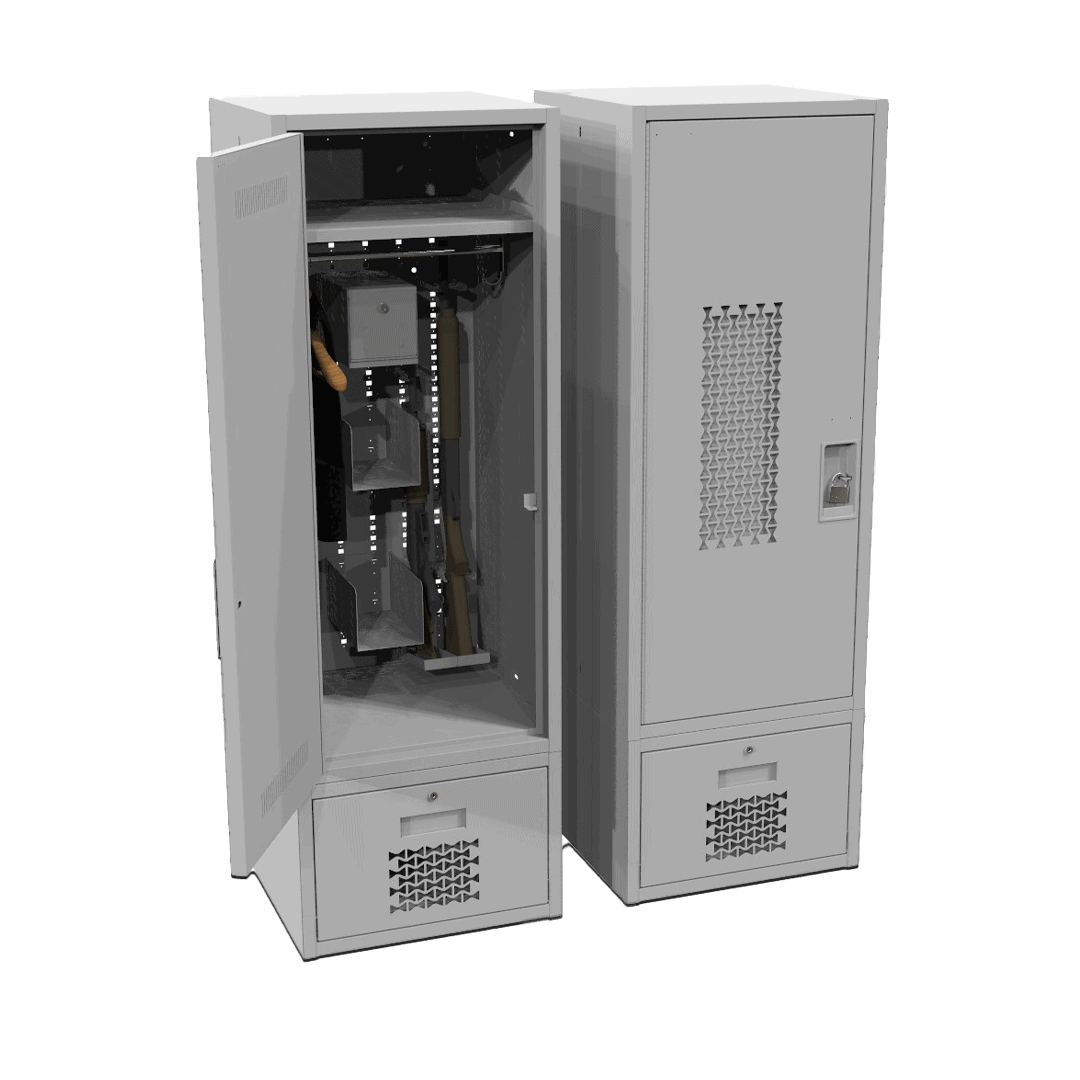 Tactical locker without bench outfitted for rifle and gear featuring roll-out drawer