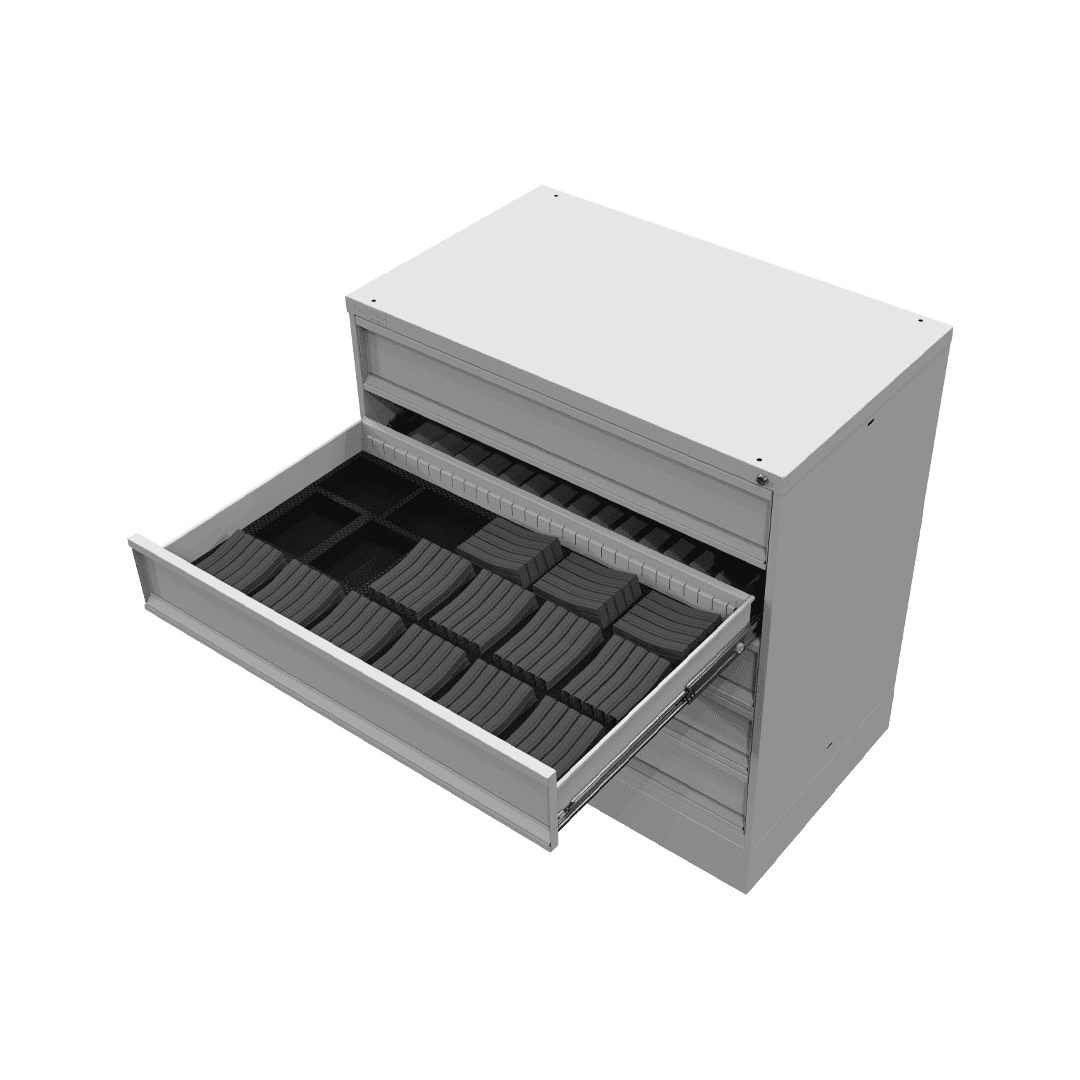 Weapon Cabinet storage with 5 sets of roll-out mag drawer outfitted for 90 mags in one