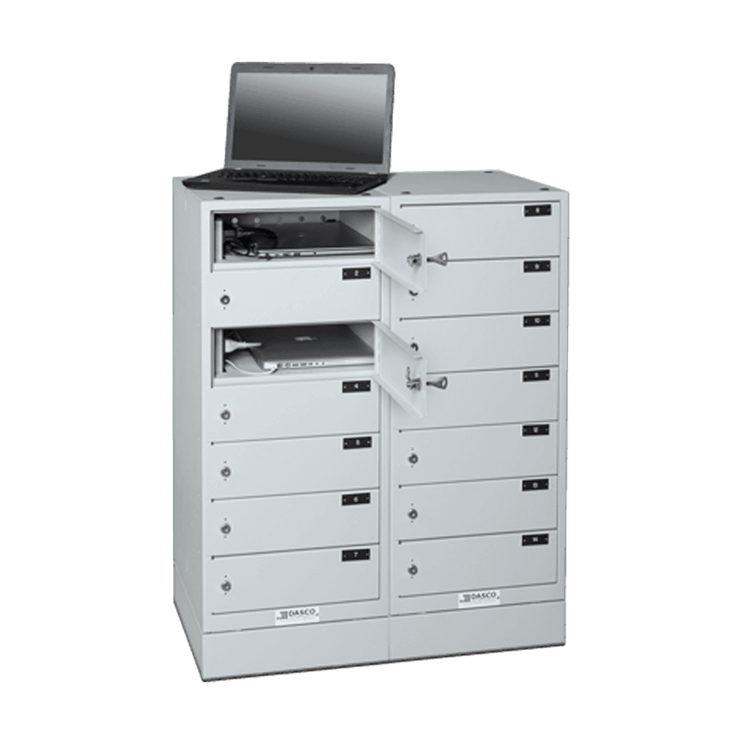 Double laptop tower outfitted for laptop storage featuring