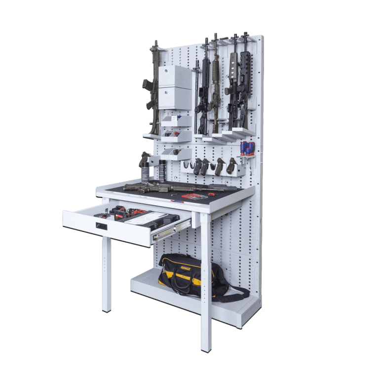 Work bench with wall mounted rack for weapon, gear, tool storage