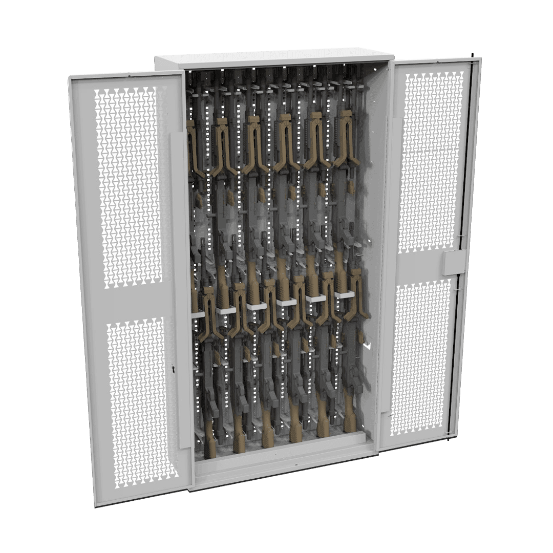 Swing gate weapon rack outfitted for machine guns