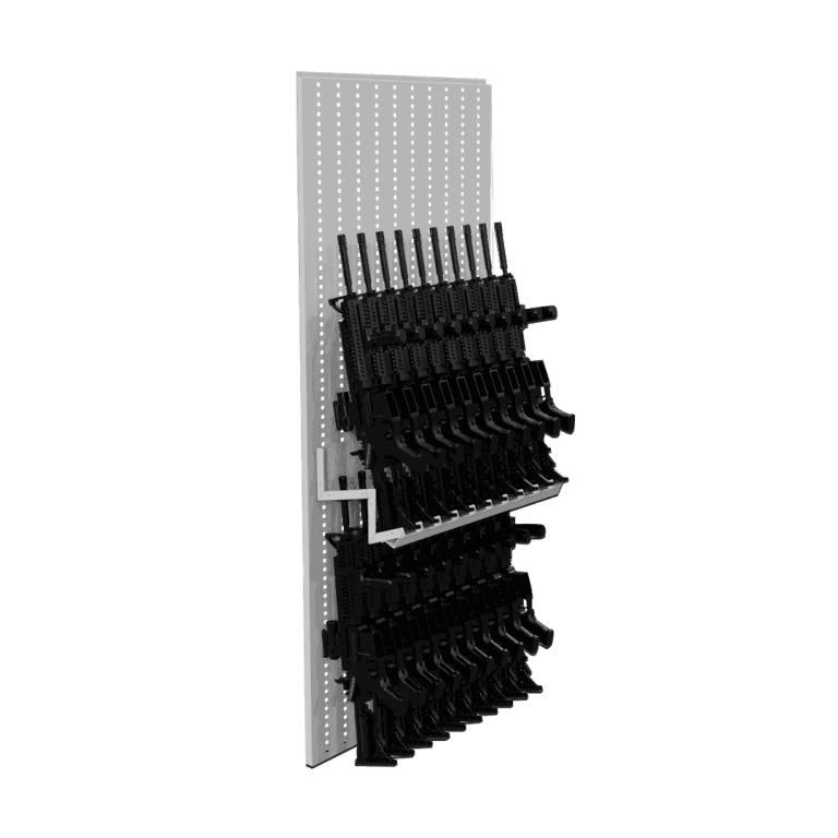 Expandable weapon rack outfitted for rifles featuring drop down shelf