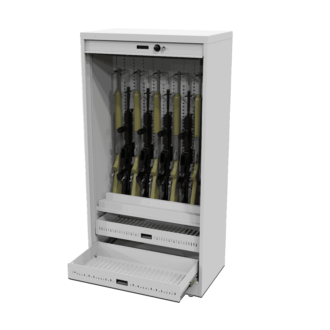 Weapon Storage Cabinet featuring roll-out mag drawer with tambour door