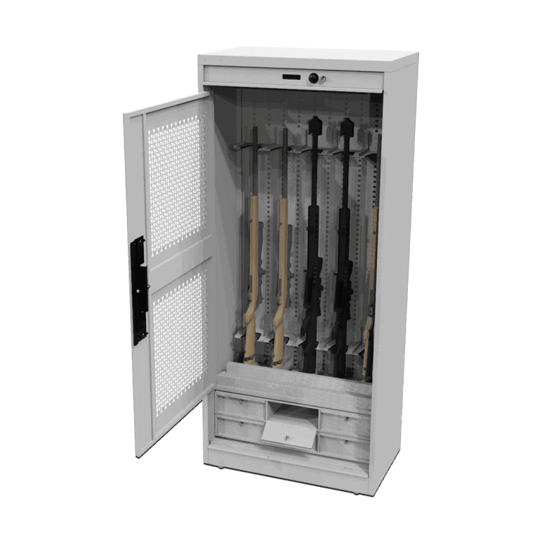 Weapon storage cabinet with swing gate and tambour door, featuring mag compartments