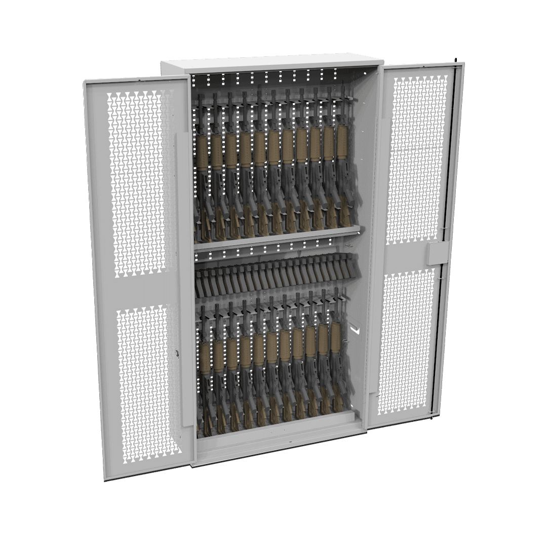 Swing gate weapon rack outfitted for weapon storage