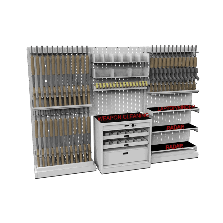 Expandable weapon rack outfitted for rifles and tasers featuring additional shelves and 5 drawer storage