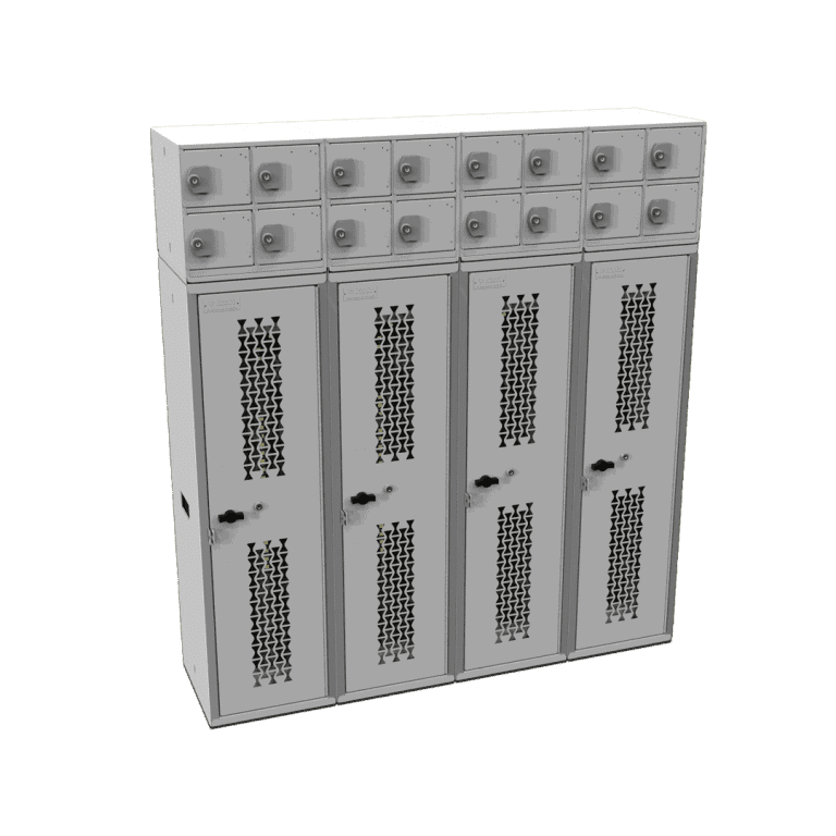 Row of individual weapon storage lockers with individual locked pistol boxes attached