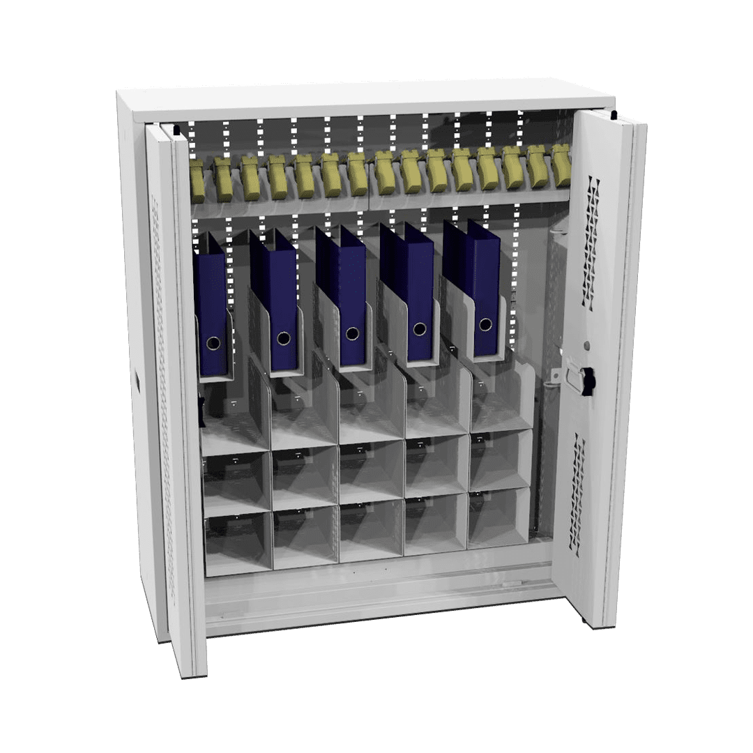 Bi-fold weapon storage outfitted for media and taser with additional shelves
