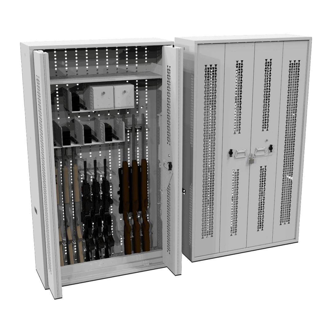 Bi-fold weapon storage outfitted for rifles and tasers featuring mag shelves and compartment storage