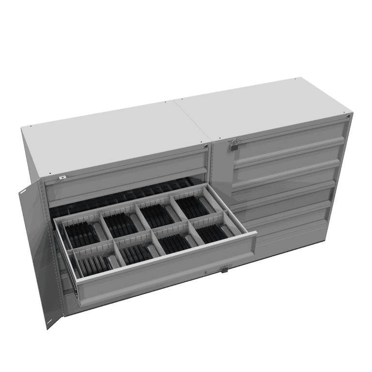 Storage cabinet with roll-out drawers for magazine storage