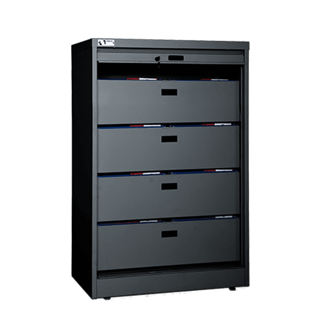 Media storage cabinet with roll-out drawers and tambour door