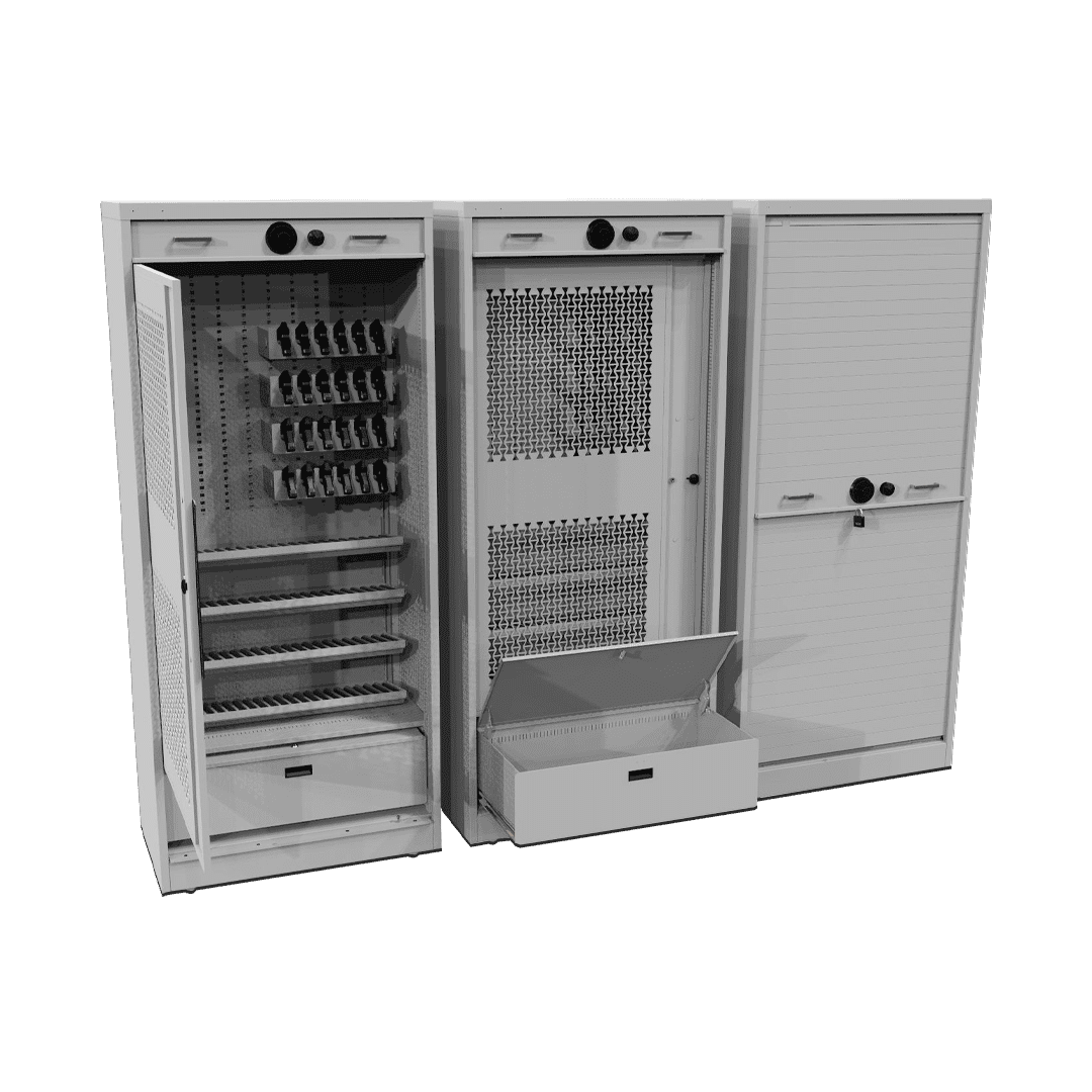 Weapon storage cabinets featuring tambour door and optional swing-gate